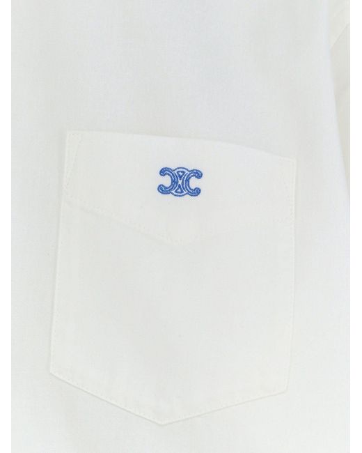 Céline White Cropped Denim Shirt With Front Embroidered Logo
