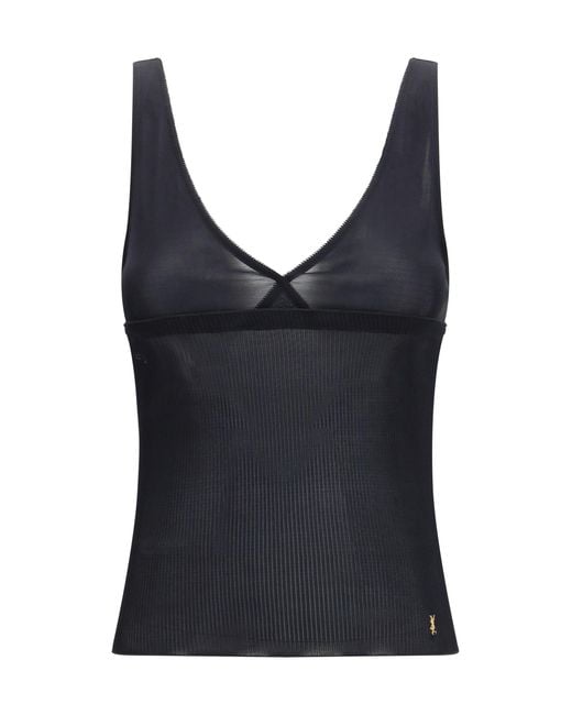 Saint Laurent Black Ribbed Silk Jersey Lace-Trim Tank Top