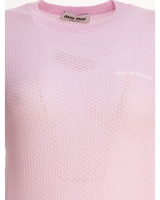 Miu Miu Pink Crew-Neck Sweater With Logo