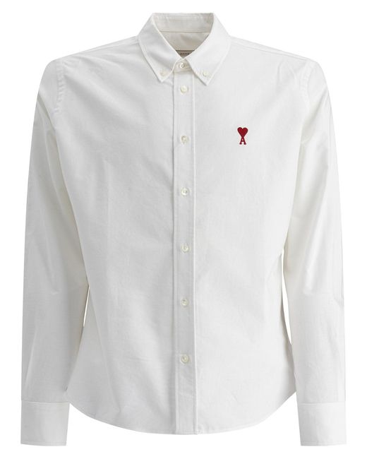 AMI White Heart Logo Embroidery Cotton Shirt for men