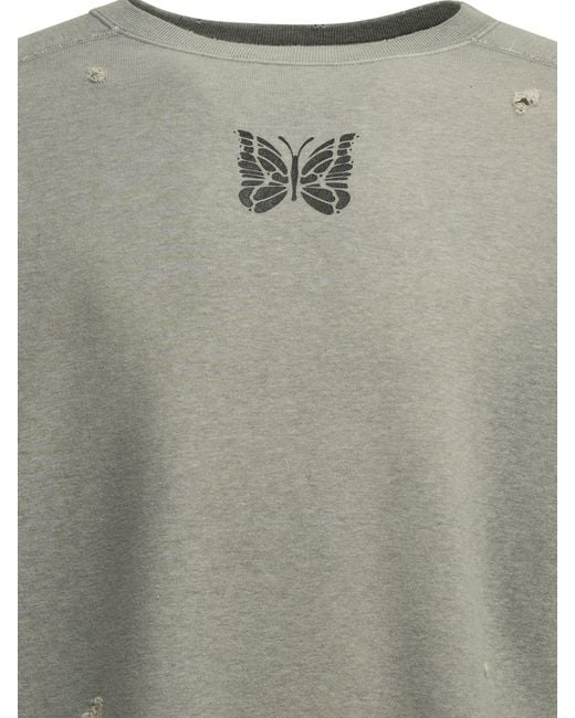 Needles Gray Deconstructed Cotton Crewneck Sweatshirt