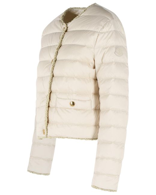 Moncler Natural 'Fleurs' Short Down Jacket With Light Polyamide Bouclã Trim