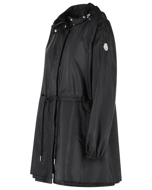 Moncler Black Weteau' Nylon Midi Jacket With Hood And Ruffles