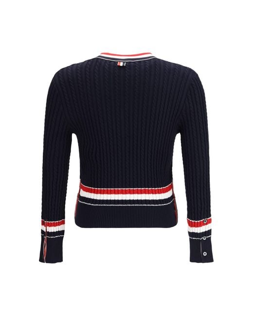 Thom Browne Blue Intarsia Cable-Knit V-Neck Sweater for men
