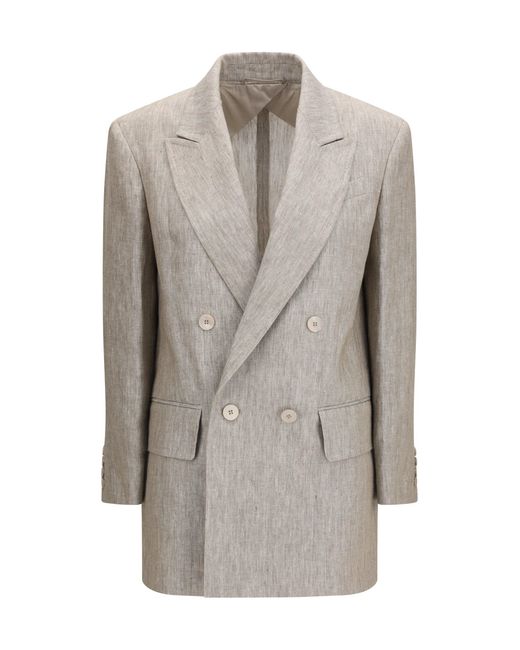 Max Mara Gray Olimpia Double-Breasted Chevron Linen Blazer