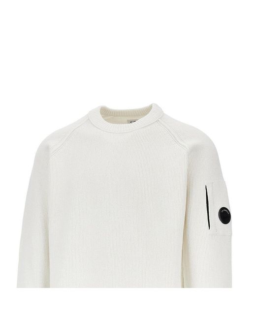 C P Company White Cotton Chenille Crewneck Sweater for men