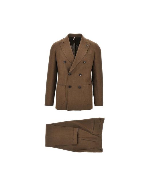 Santaniello Brown Double-Breasted Linen Tailored Suit for men