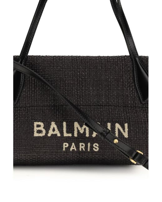 Balmain Black Calfskin And Raffia Track Shoulder Bag