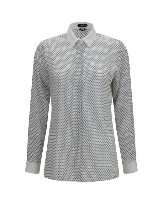 Tom Ford Gray Diamond Print Silk Crêpe De Chine Shirt