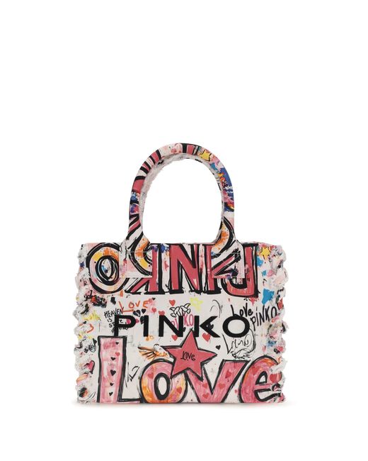 Pinko White Canvas Tote Bag