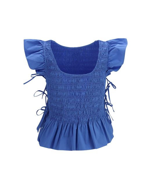 Ganni Blue Ruched Cotton Top With Side Bows