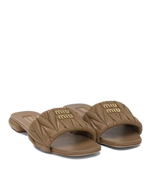 Miu Miu Brown Matelassé Leather Slides