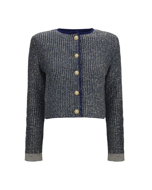 Balmain Blue Quilted Sequin Cardigan With Decorative Buttons