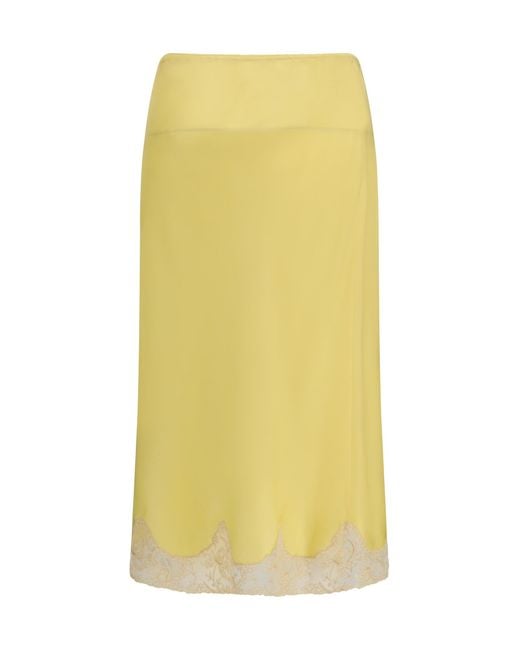 Saint Laurent Yellow Satin Midi Skirt With Lace Inserts