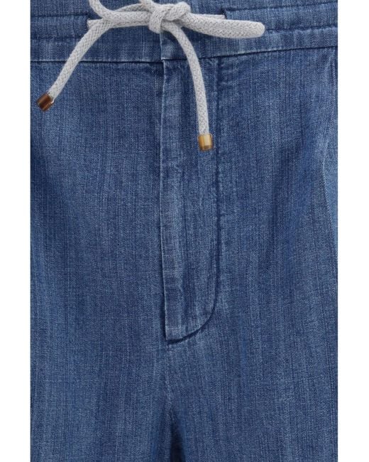 Brunello Cucinelli Blue Lightweight Denim Pants With Drawstring And Double Pleats for men