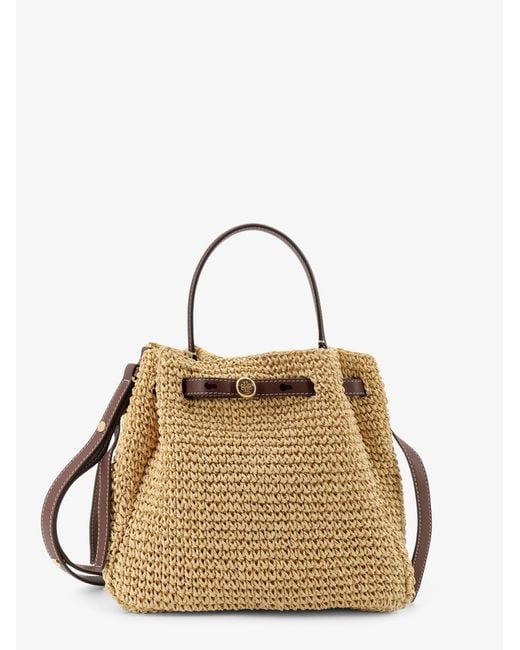 Tory Burch Metallic Romy Raffia And Leather Bucket Bag