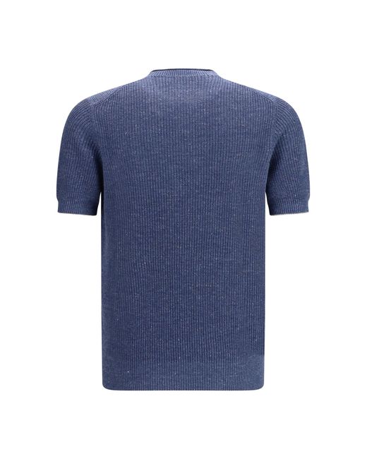 Brunello Cucinelli Blue Cotton And Linen Knit T-Shirt for men