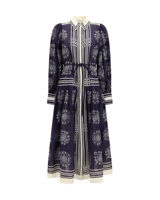 ALÉMAIS Blue Banderra Floral Print Midi Shirt Dress Ink