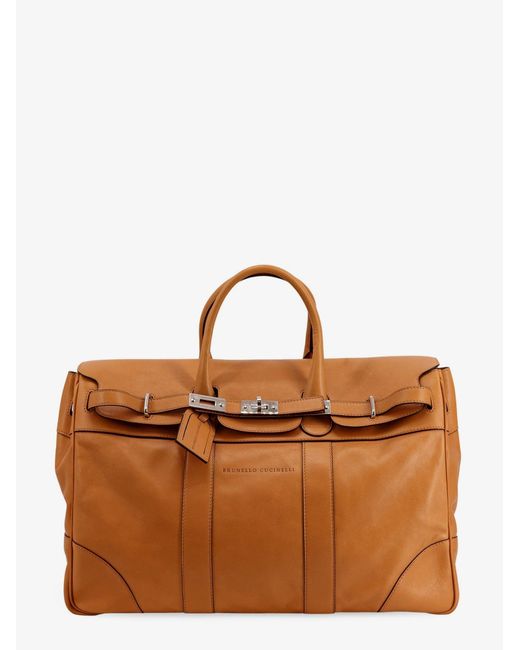 Men's Brown Leather Travel Bag With Engraved Logo On The Front