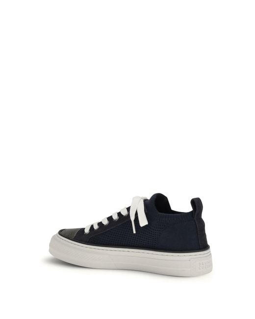 Brunello Cucinelli White Cotton Knit And Suede Sneakers
