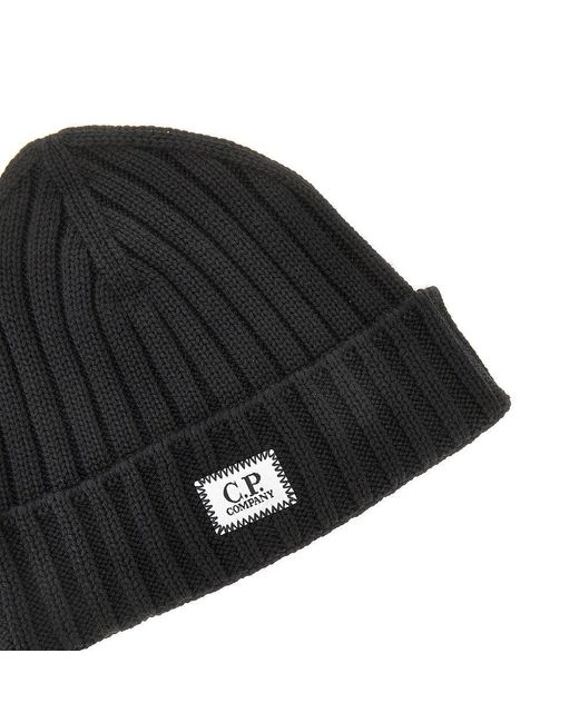 C P Company Black Knitted Beanie Hat With Logo Patch for men