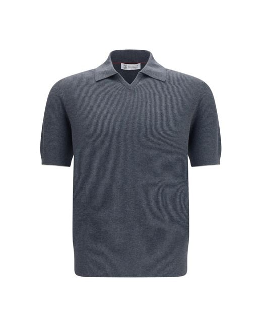 Brunello Cucinelli Blue Cotton Ribbed Polo for men