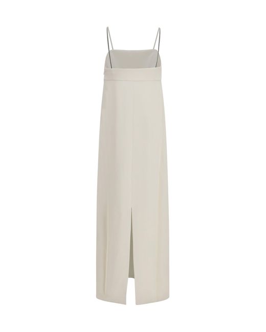 Brunello Cucinelli White Long Silk Dress With Monili Chain