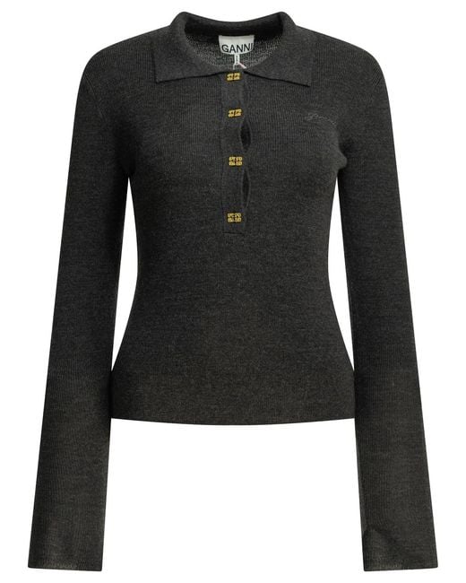 Ganni Black Logo Polo Sweater