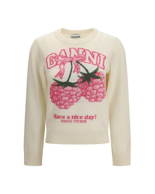 Ganni White Crewneck Sweater With Raspberries Print