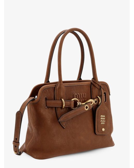 Miu Miu Brown Aventure Leather Handbag With Embossed Lettering Logo