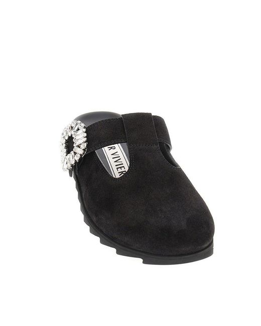 Roger Vivier Black 'Slidy Viv' Suede Leather Mules