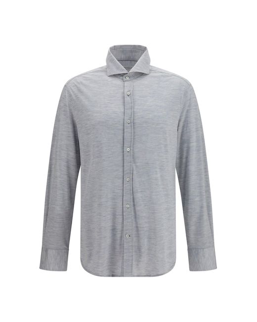 Brunello Cucinelli Gray Shirt Silk-Cotton Jersey for men