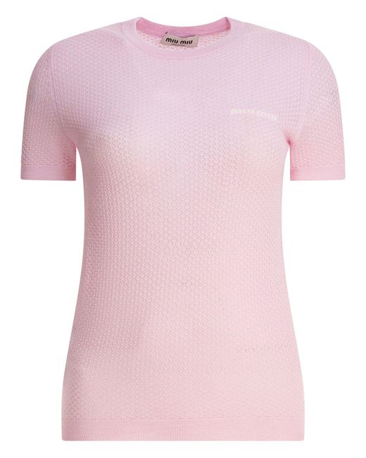 Miu Miu Pink Crew-Neck Sweater With Logo