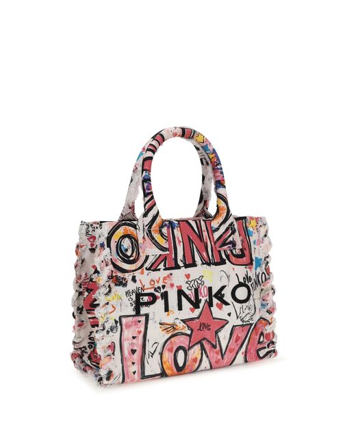 Pinko White Canvas Tote Bag