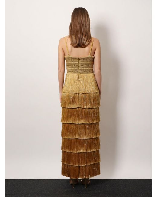 PATBO Metallic Long Dress With Embroidered Courset And Fringes