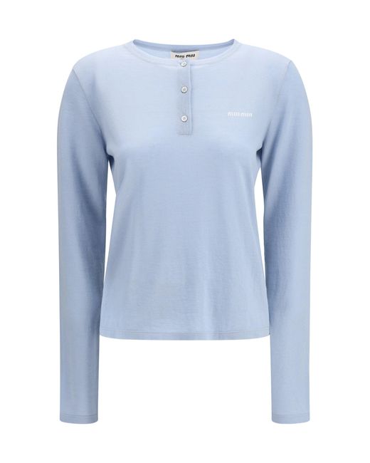 Miu Miu Blue Cashmere Henley T-Shirt