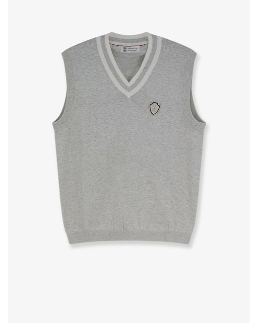 Brunello Cucinelli Gray Cotton Vest With Front Logo Patch for men