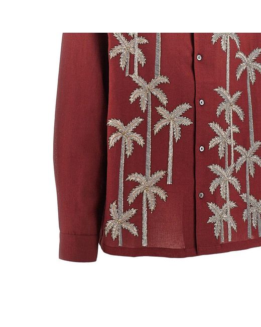 BAZISZT Red 'Palm Groove' Cotton And Hemp Shirt for men