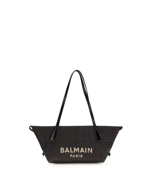 Balmain Black Calfskin And Raffia Track Shoulder Bag