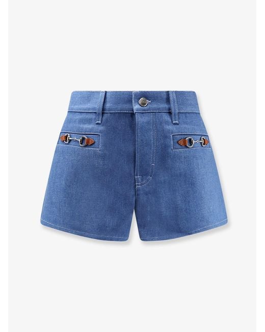 Gucci Blue Cotton Shorts With Frontal Iconic Horsebits