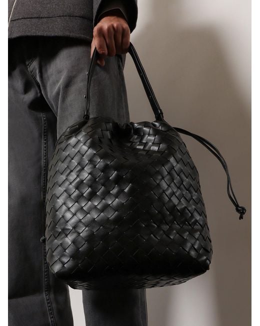 Bottega Veneta Black Bucket Intrecciato Biblioteca Leather Shoulder Bag for men