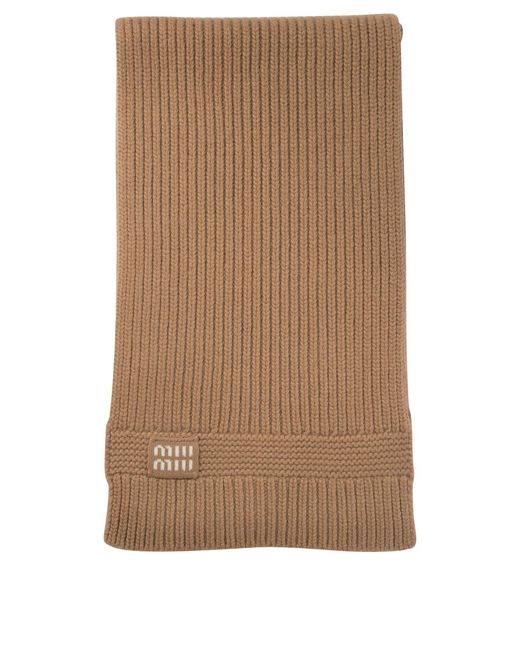 Miu Miu Brown Wool And Cashmere Scarf With Logo