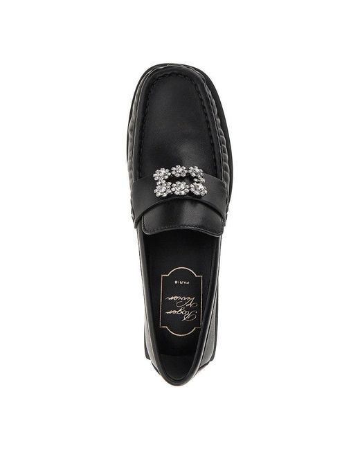 Roger Vivier Black Crystal Buckle Leather Loafers