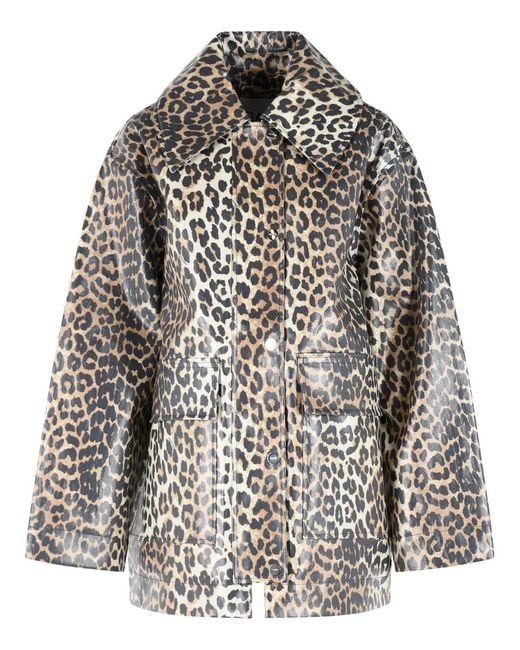 Ganni Gray Leopard Print Cotton Blend Jacket