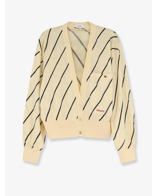 Versace Natural Wool Blend Cardigan With Striped Detail