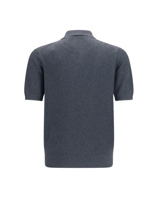 Brunello Cucinelli Blue Cotton Ribbed Polo for men