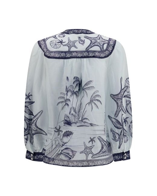 Farm Rio Blue Seaside Print Blouse Coast Scarf Off