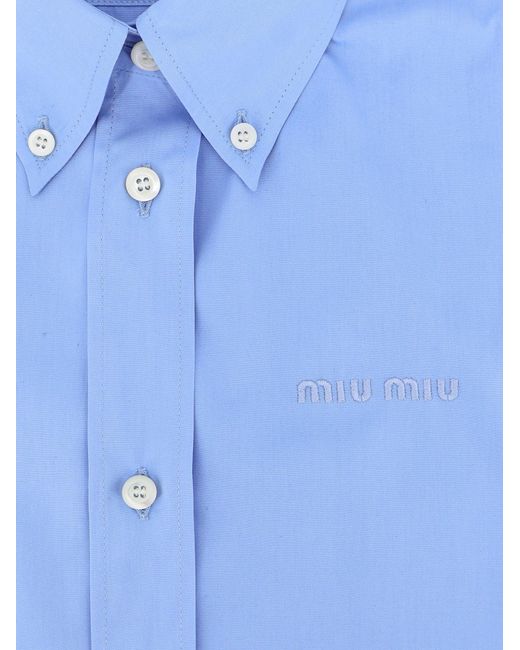 Miu Miu Blue Cotton Shirt With Front Embroidered Logo