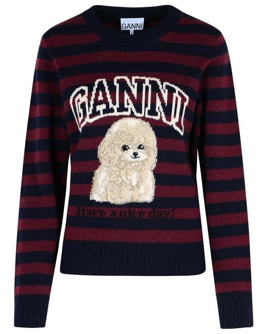 Ganni Blue Multi Wool Blend Poodle Graphic Sweater