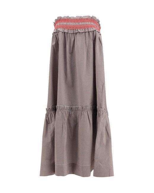 Ganni Brown Checked Cotton Skirt With Gathered Waist